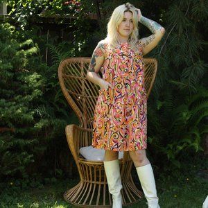 60's Psychedelic Paisley Print Dress Orange Pink Yellow